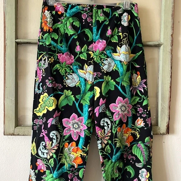 Vintage Staples Slacks Pants Black Vibrant Floral Print Size 6 - Picture 2 of 12